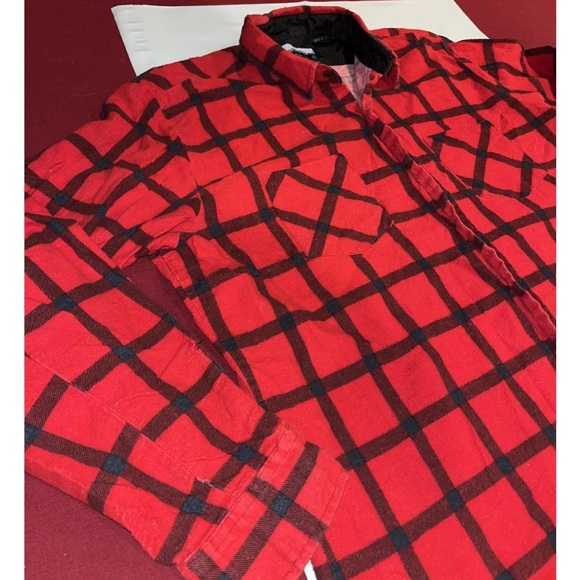 RED Fieldmaster 90s FLANNEL SHIRT Wide black Plaid cotton 2 Pockets MENS LARGE L - Picture 7 of 12